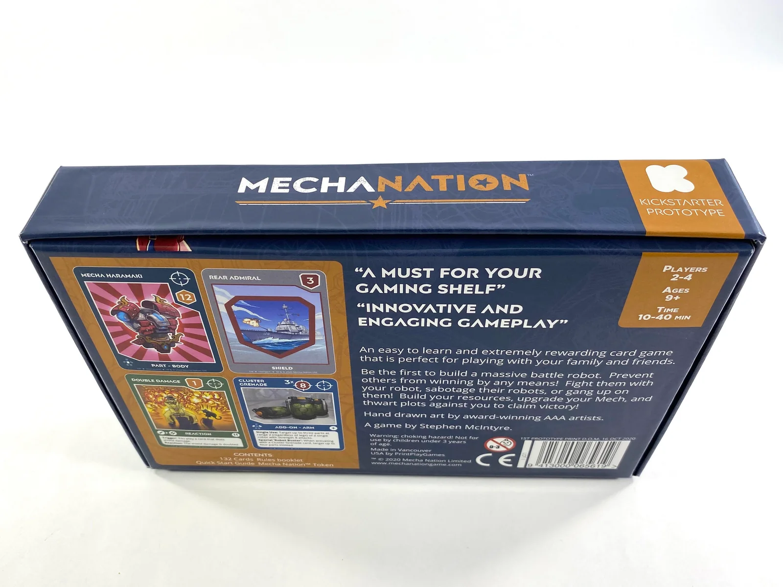 Upright view of the back of an early Mecha Nation prototype box